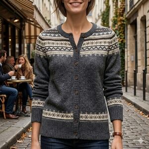 Eddie Bower Women's Grey Knit Cabincore Fair Isle Ski Cardigan Size XL